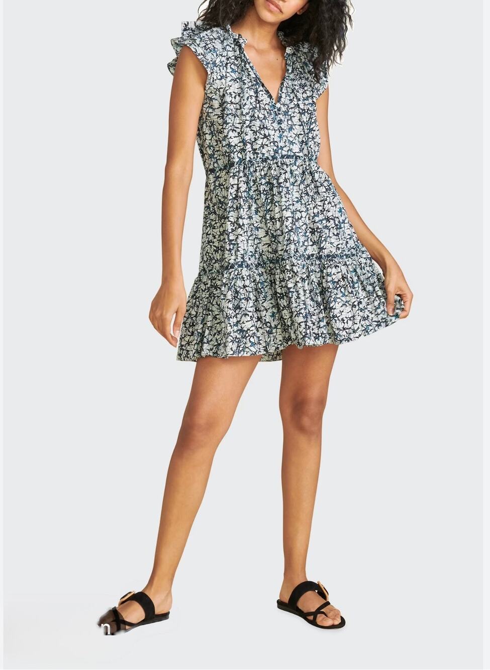 Veronica Beard Women's Blue White Floral Zee Batik-Print Tiered Mini Dress Sz 10